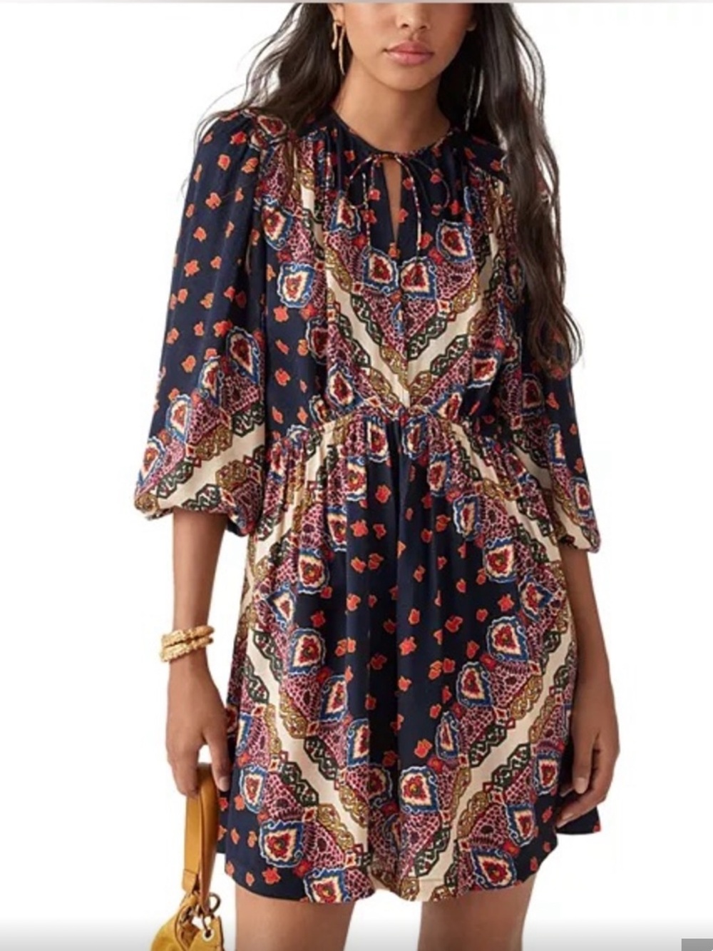 ba&sh Navy Boho Printed Mini Dress with Cream & Red Accents- worn once!